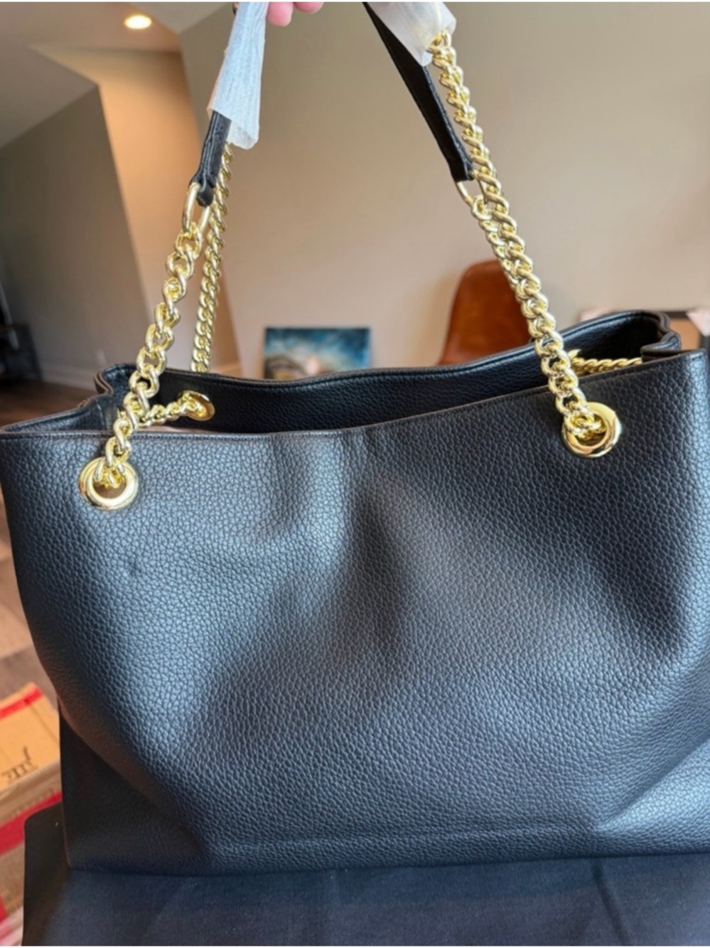 Black Leather Chain-Handle Women’s Tote - Gold Hardware - Picture 2 of 6